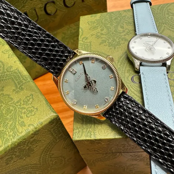 Gucci G-Timeless Bee Dial Gold-Tone Quartz Watch with Black Alligator Strap Watches - 5