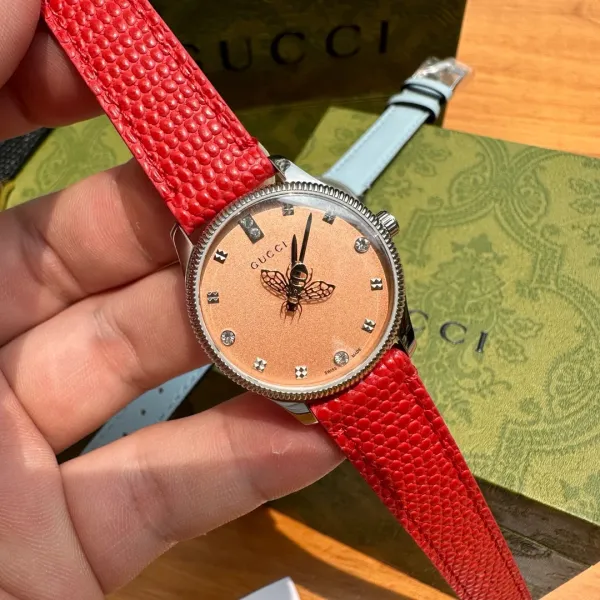 Gucci G-Timeless Bee Dial Gold-Tone Quartz Watch with Black Alligator Strap Watches - 9