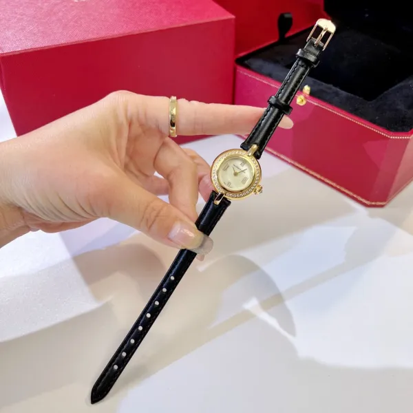 Van Cleef & Arpels Vintage Alhambra Watch Rose Gold Diamond Bezel White Dial Black Leather Strap Watch Watches - 14