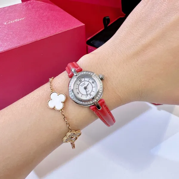 Van Cleef & Arpels Vintage Alhambra Watch Rose Gold Diamond Bezel White Dial Black Leather Strap Watch Watches - 10