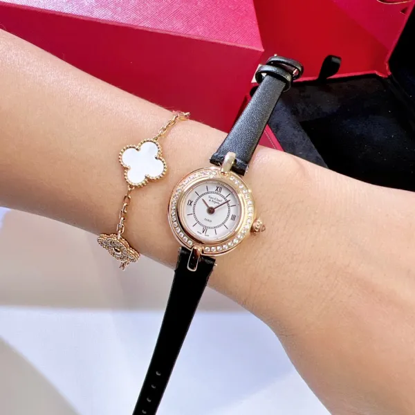Van Cleef & Arpels Vintage Alhambra Watch Rose Gold Diamond Bezel White Dial Black Leather Strap Watch Watches - 8