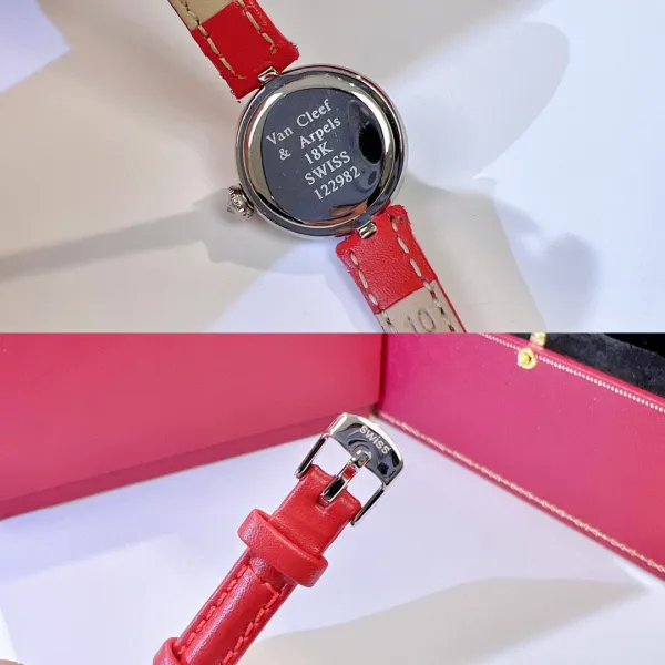 Van Cleef & Arpels Vintage Alhambra Watch Rose Gold Diamond Bezel White Dial Black Leather Strap Watch Watches - 21