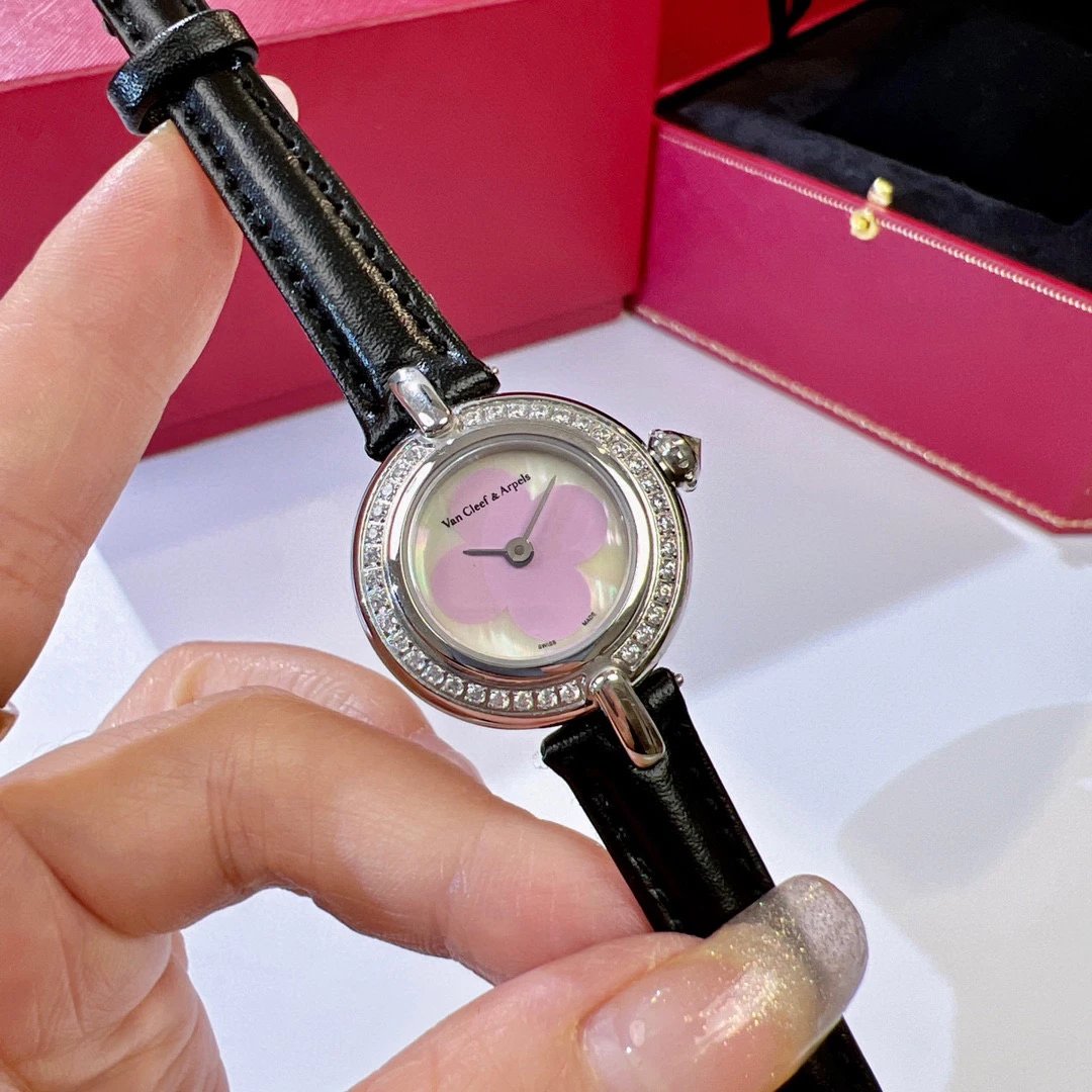 Van Cleef & Arpels Vintage Alhambra Watch Rose Gold Diamond Bezel White Dial Black Leather Strap Watch Watches - 5