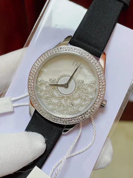 Dior La D de Dior Mother-of-Pearl Dial Diamond-Encrusted Watch Black Strap Watches - 7