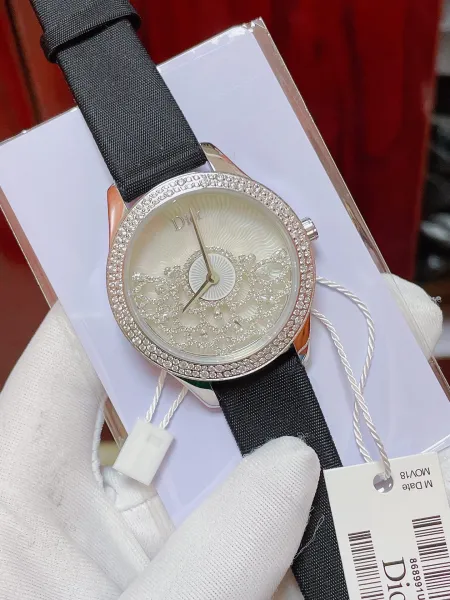 Dior La D de Dior Mother-of-Pearl Dial Diamond-Encrusted Watch Black Strap Watches - 4