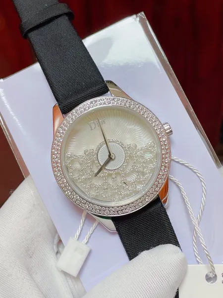 Dior La D de Dior Mother-of-Pearl Dial Diamond-Encrusted Watch Black Strap Watches - 6