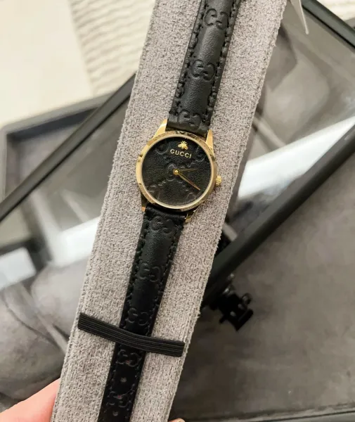 Gucci G-Timeless Black Leather Watch with Gold-Tone Case Watches - 15