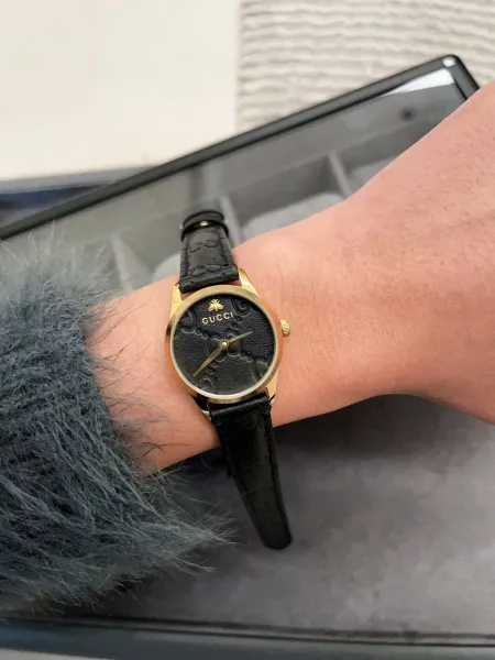 Gucci G-Timeless Black Leather Watch with Gold-Tone Case Watches - 16