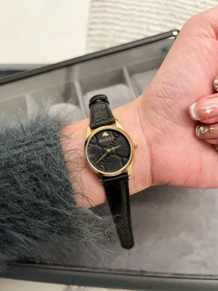 Gucci G-Timeless Black Leather Watch with Gold-Tone Case Watches - 17