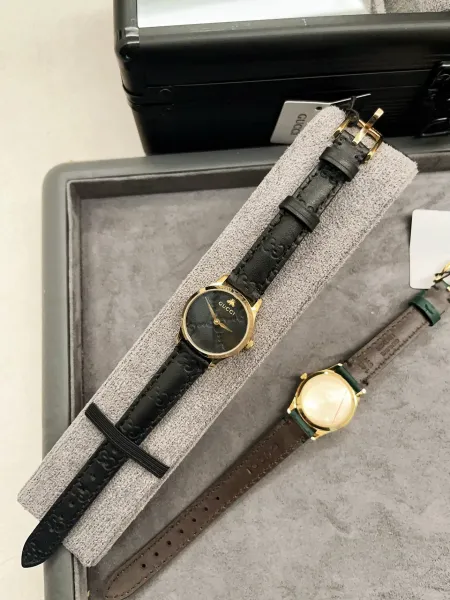 Gucci G-Timeless Black Leather Watch with Gold-Tone Case Watches - 19
