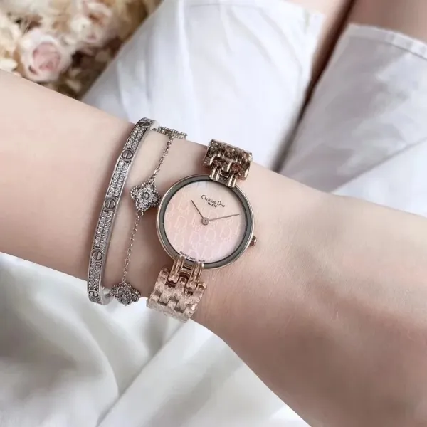 Dior La D de Dior Mini Pink Dial Rose Gold Watch with Diamond Bracelet Watches - 21