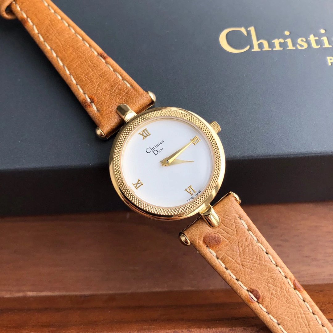 Christian Dior Watch Gold Brown Leather Strap