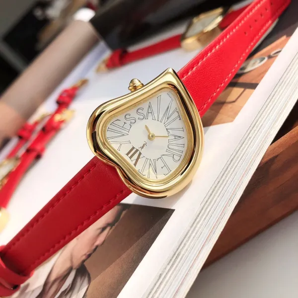Saint Laurent Yves Saint Laurent Heart-Shaped Watch Gold Red Leather Strap Watches - 34