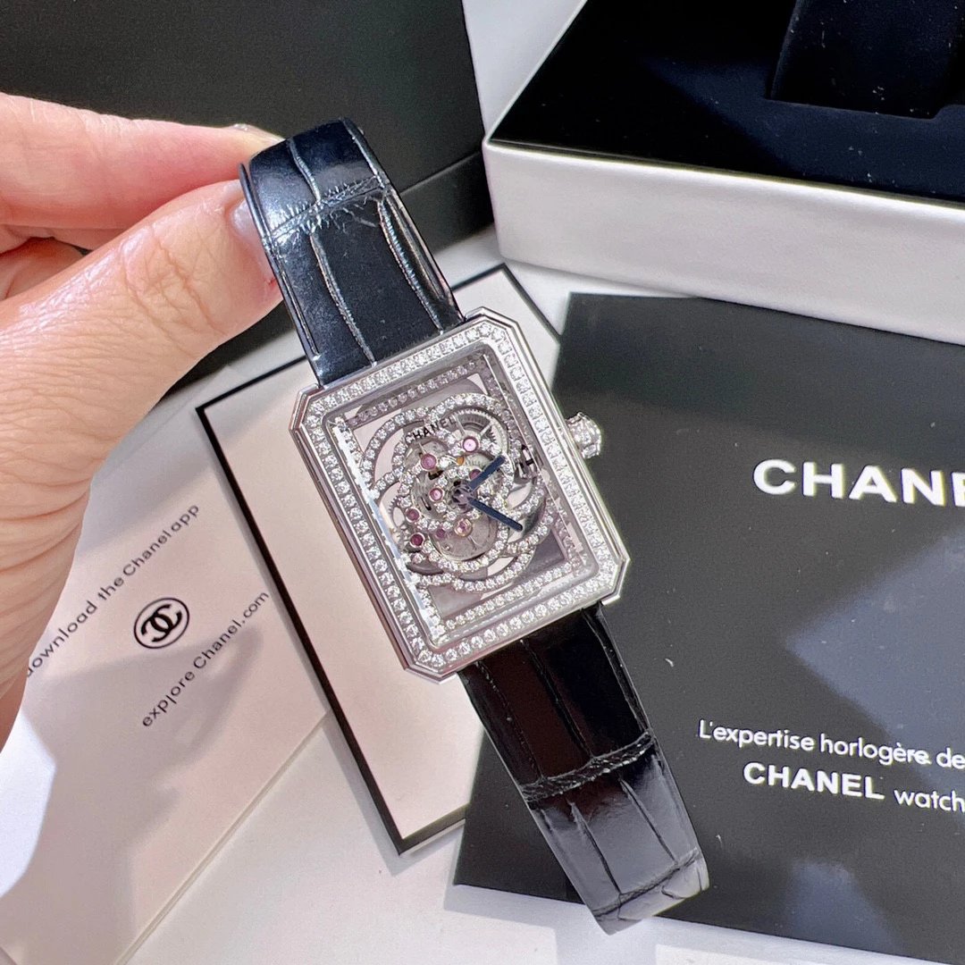 Chanel Boyfriend Skeleton Camélia Watch White Gold Diamond Black Leather Mechanical Watch Watches - 2