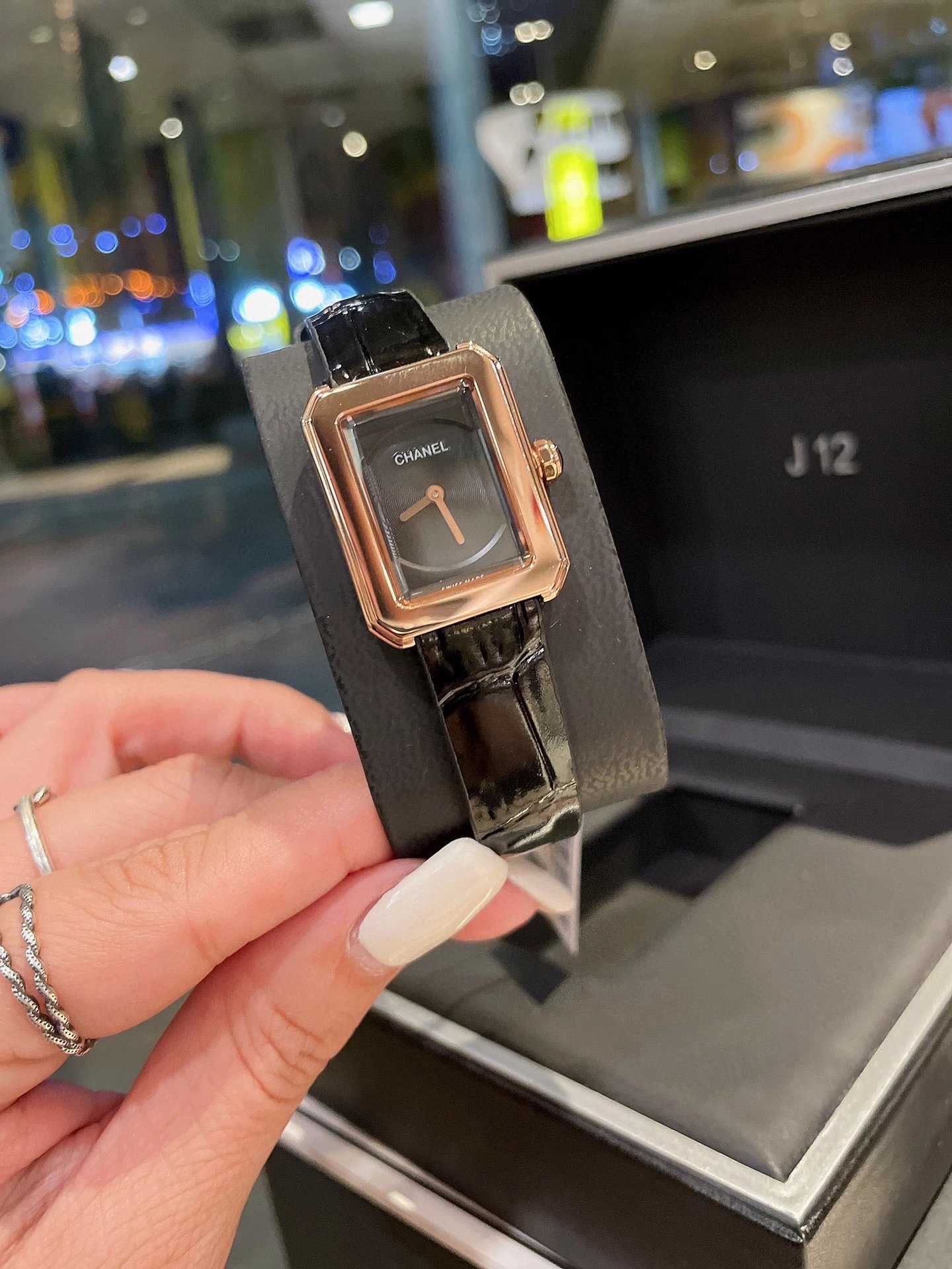 Chanel Première Rock Diamond-Set Rose Gold Watch Black Leather Strap Watches - 8