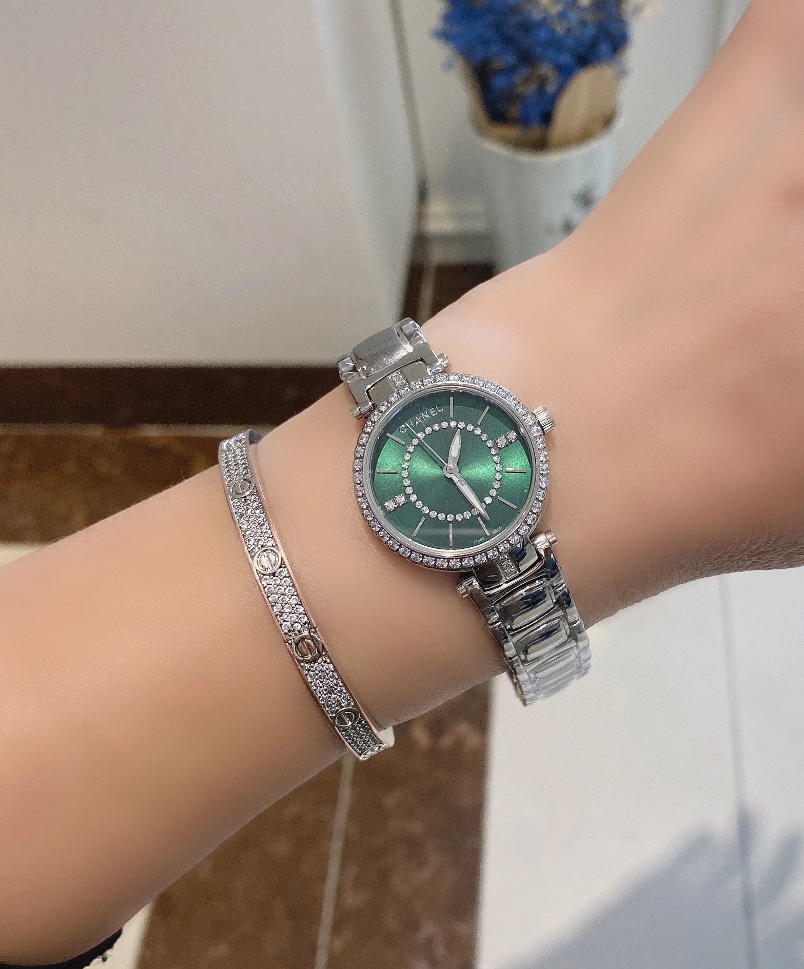 Chanel Mademoiselle Privé Pearl Dial Diamond-Encrusted Watch Silver Watches - 11