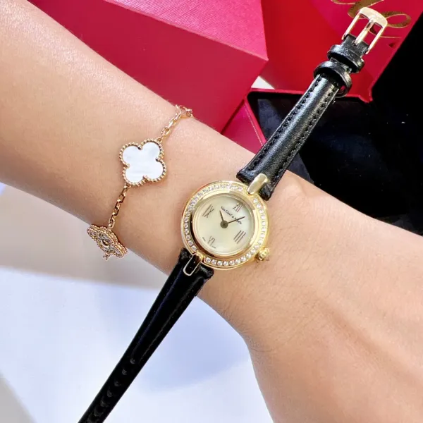 Van Cleef & Arpels Vintage Alhambra Watch Rose Gold Diamond Bezel White Dial Black Leather Strap Watch Watches - 9