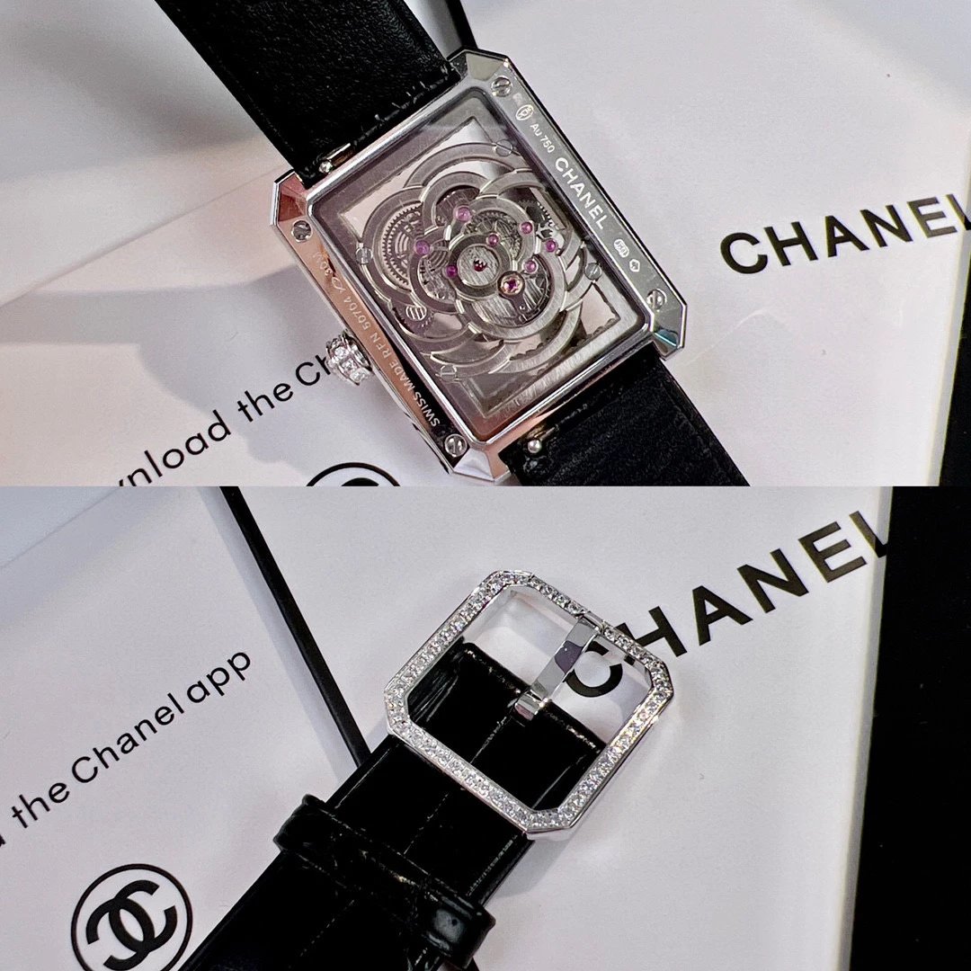 Chanel Boyfriend Skeleton Camélia Watch White Gold Diamond Black Leather Mechanical Watch Watches - 8