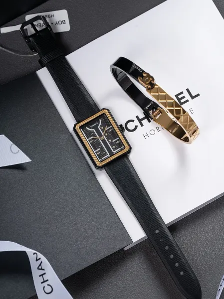 Chanel Mademoiselle Privé Watch Black and Gold Quartz Watch with Leather Strap Watches - 34