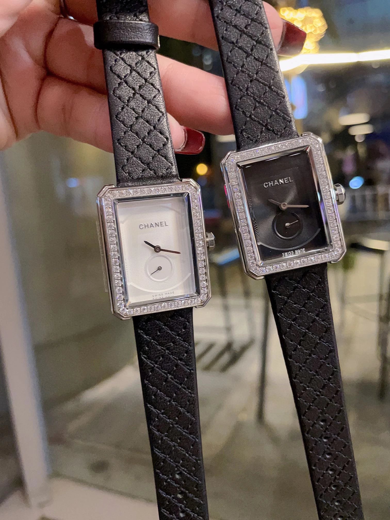 Chanel Rectangular Black Leather Diamond Watch