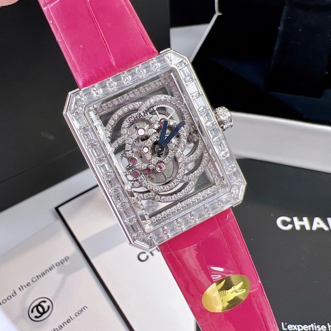 Chanel Boyfriend Skeleton Camélia Watch White Gold Diamond Black Leather Mechanical Watch Watches - 10