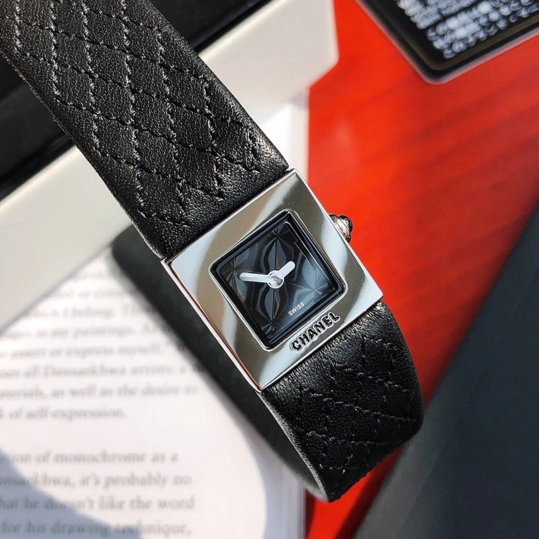 Chanel Square Black Leather Watch