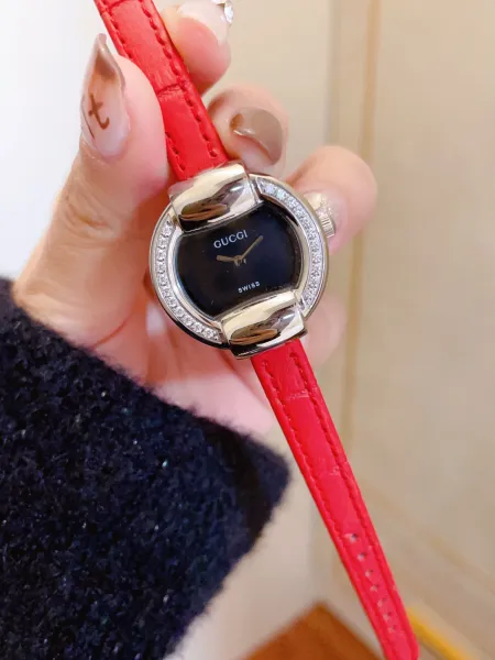 Gucci G-Timeless Mini Diamond-Set Black Dial Red Leather Watch Watches - 14