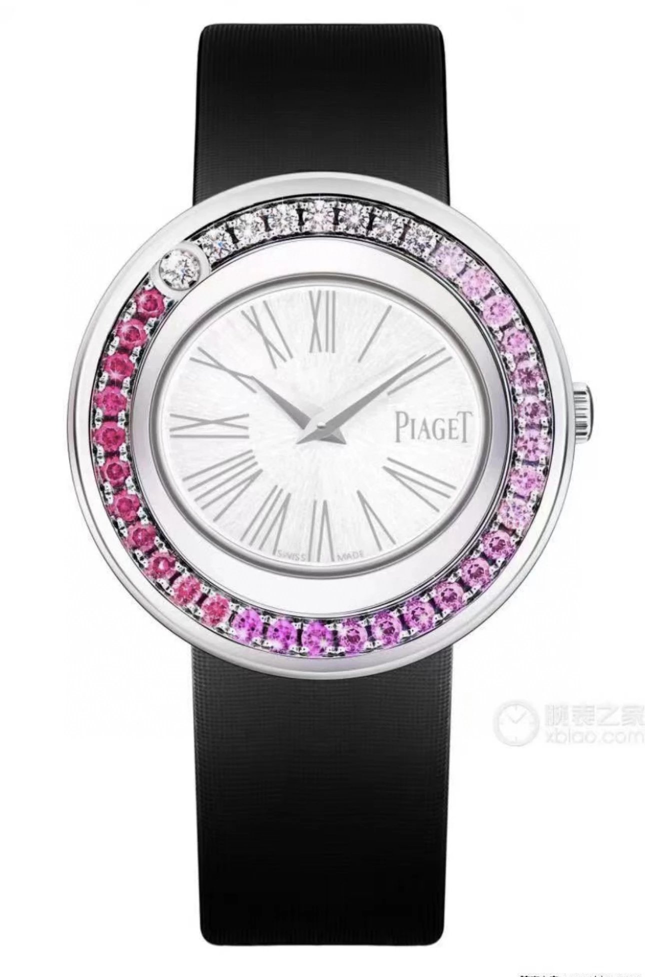 Piaget Diamond Pink Gemstone Black Strap Watch