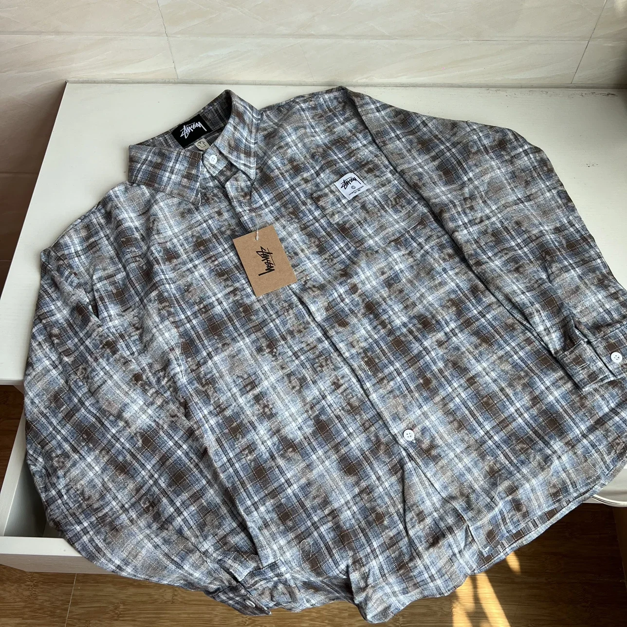 [Ready stock] stussy American retro embroidered long-sleeved shirt men's spring and autumn loose ins style plaid shirt jacket