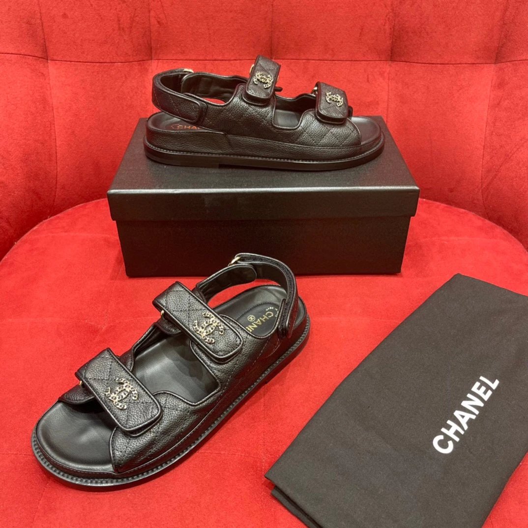 [Premium Replica] Chanel Style Sandals CH@NE Spring Summer New Velcro Sandals Thick Sole Chanel Style Influencer Wearable Gold Coin Flat Shoes Sneakers Women Chanel Women Beach Fairy Sandals