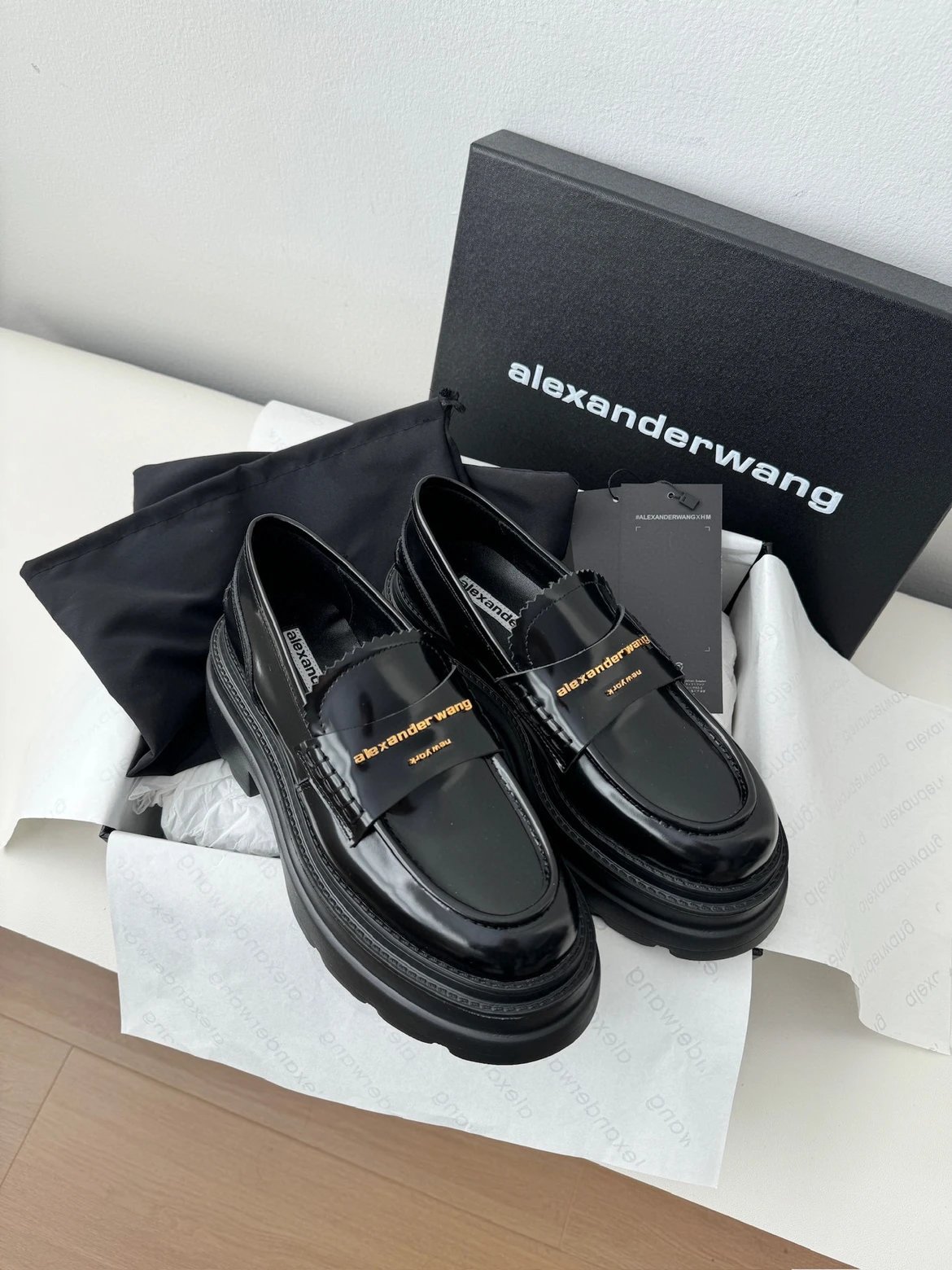 Alexander Wang gold foil logo loafers