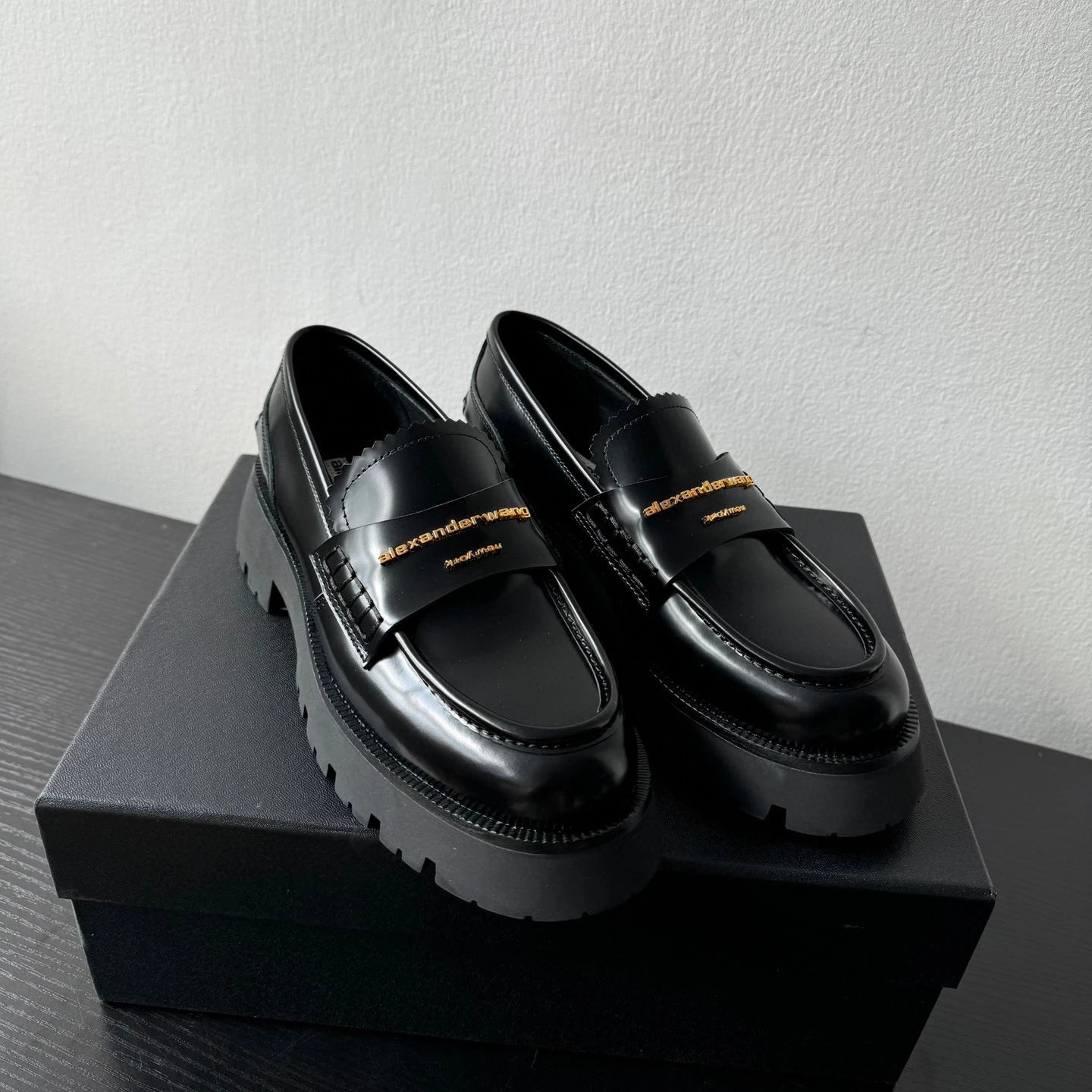 Black split leather with patent finish