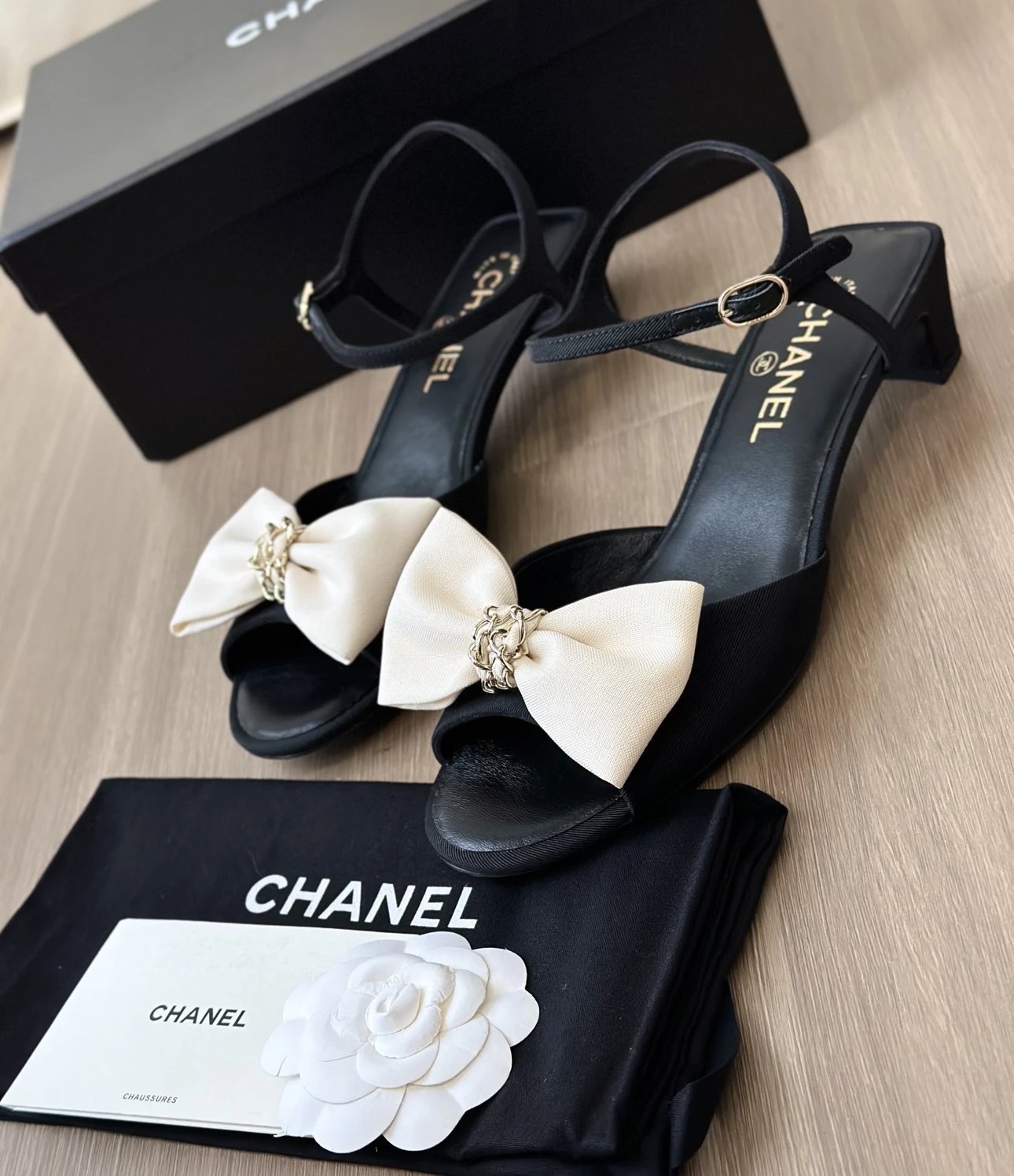 Chanel 25K Black Bow Block Heel Sandals