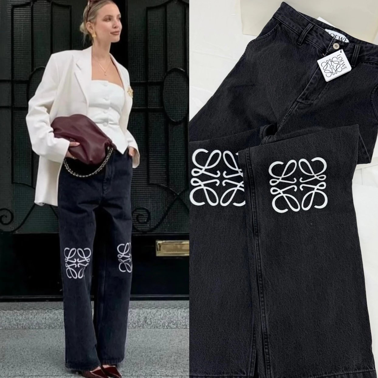 【不退可换码】原版开发 女款 LOEWE罗意威 SS24 印花贴袋拉链低腰宽松 牛仔长裤 女款