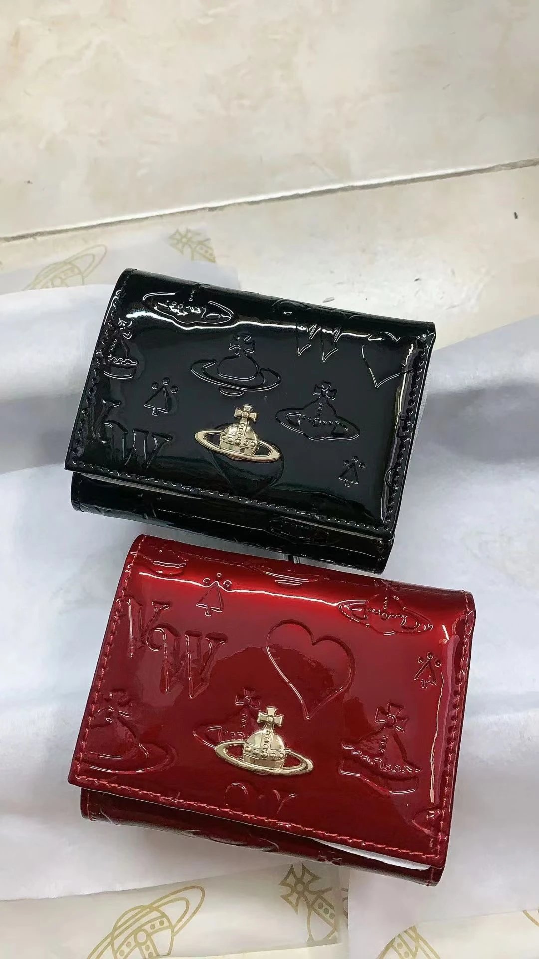 Vivienne Westwood 2024 Premium Long Wallet for Women, Large Capacity Genuine Leather Heart Embossed Patent Leather Saturn Card Holder Wallet