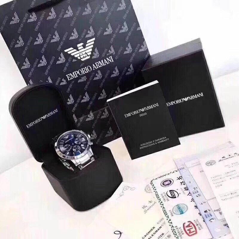 Armani Classic Men's Watch Silver Strap Blue Plate Three Eye Edition (Note that the original box is now a new white box, mind choosing carefully)
