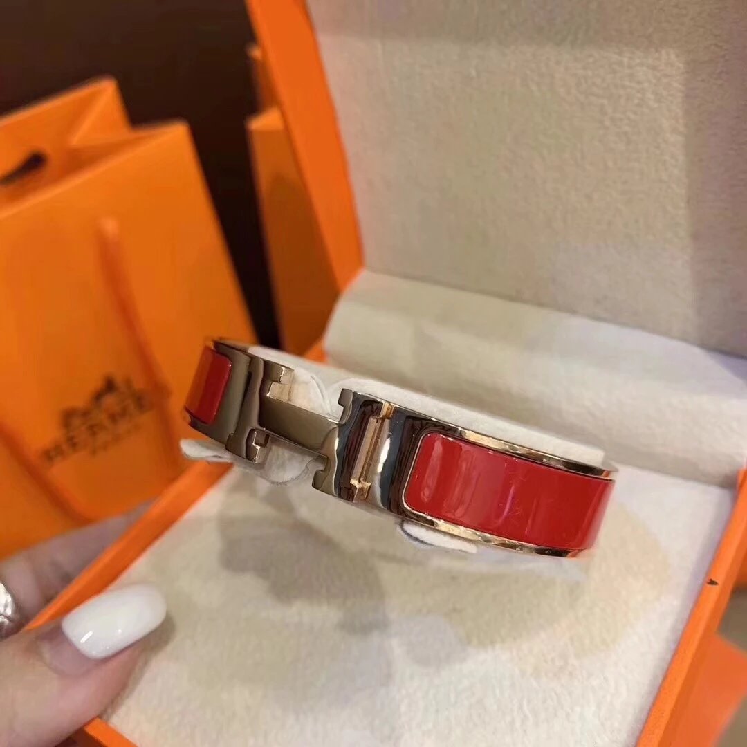 爱马仕珐琅彩陶瓷H手镯玫瑰金边 14
