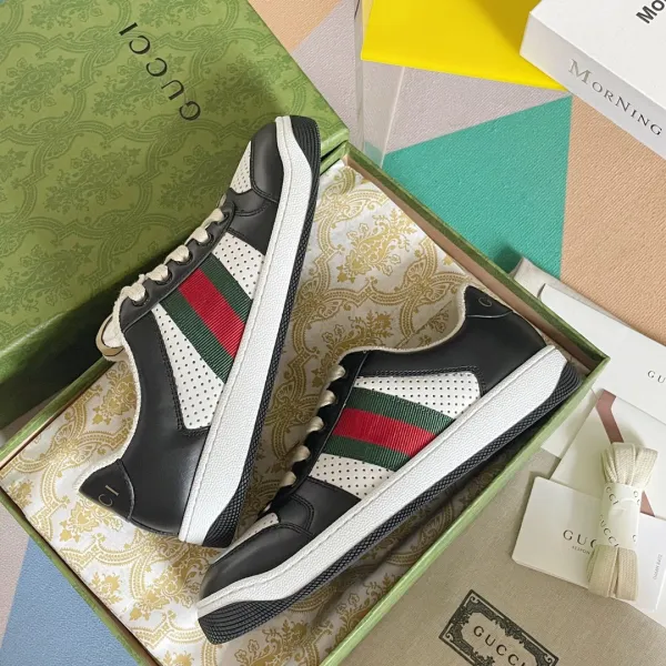 Gucci Ace Perforated Leather Sneakers Black White Green Red - 1