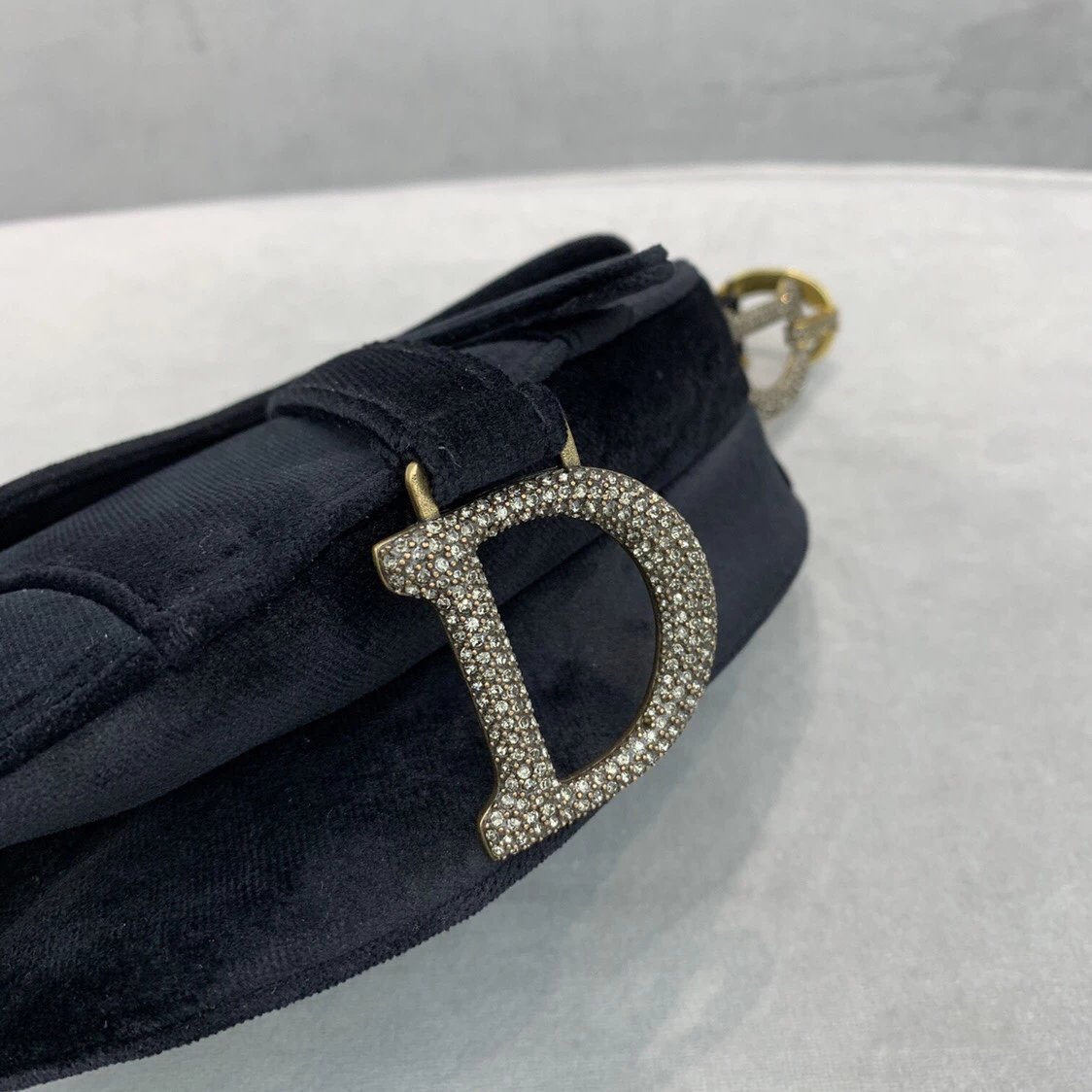 Christian Dior Crystal D Buckle on Velvet Saddle Bag