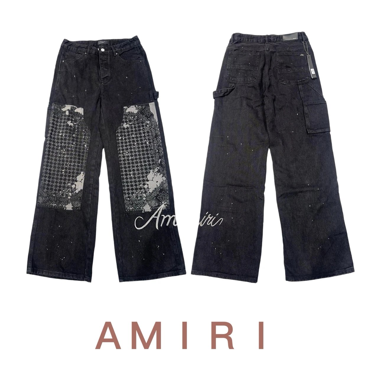 Amiri New Vintage新款黑色水洗做旧贴布印花牛仔裤男口袋拼接boro条纹伐木裤baggy法工裤