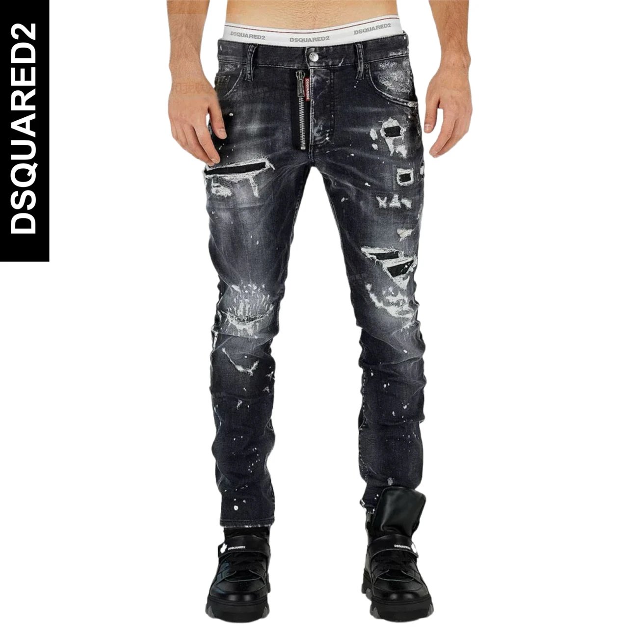2026 Spring/Summer New D2 Trendy Brand Men's Black Washed Punched Patch Jeans Men's D Square Trendy Versatile Fashion Slimming Small Foot Long Pants
