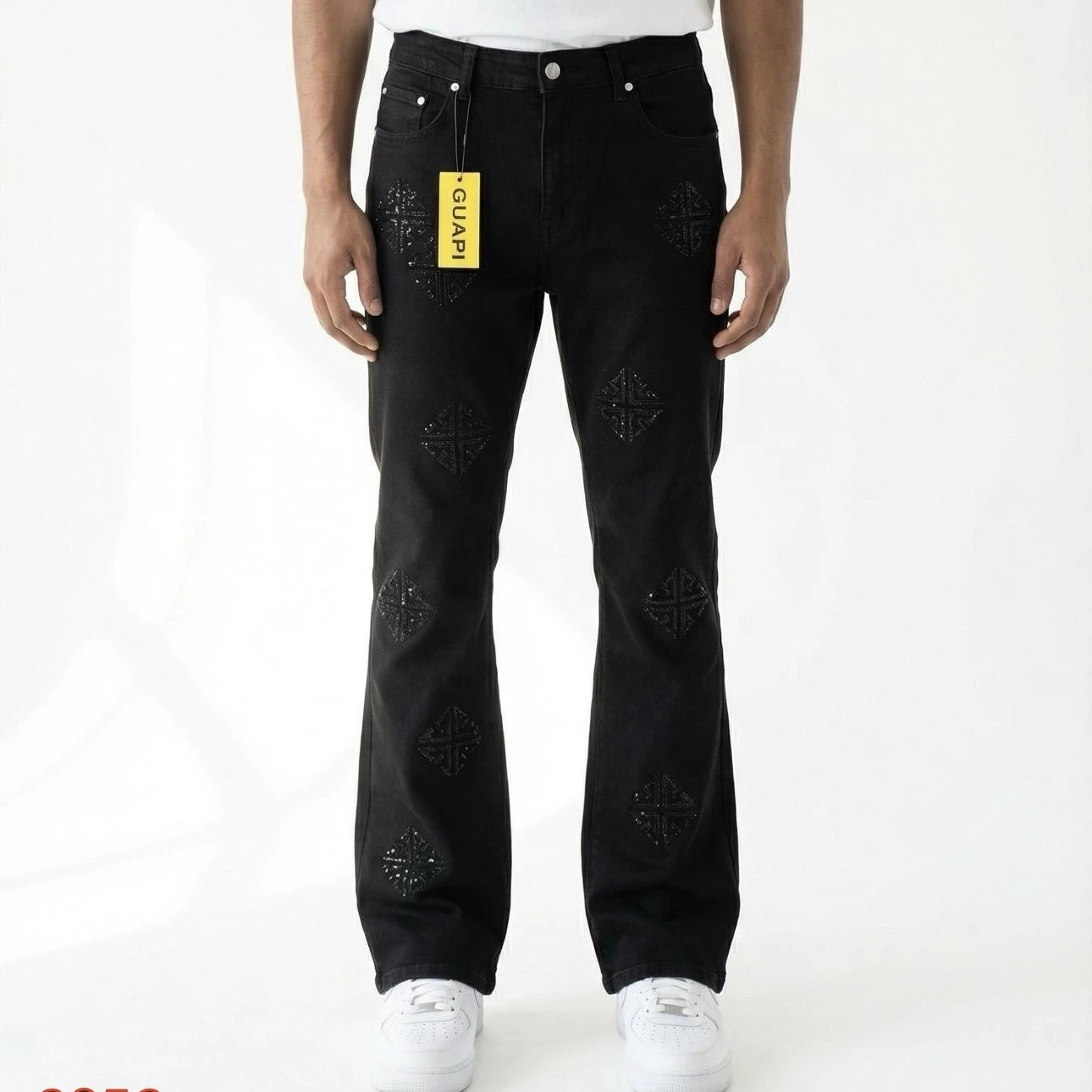GUAPI Trendy Brand Black Rhinestone High-Waist Slim-Fit Flared Jeans for Men, Spring 2026 New Arrival Loose Fit Slimming Draped Floor-Length Straight Leg Pants