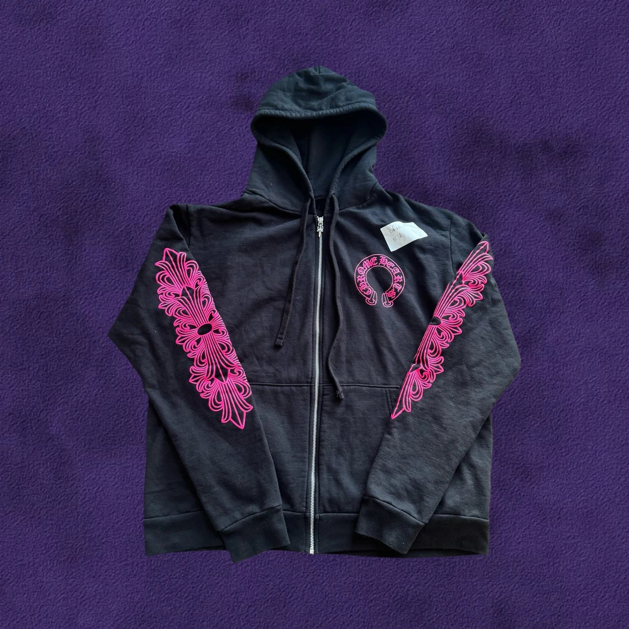 [In Stock] CH 26FW New Black Pink Floral Sleeve Horseshoe Heavy Silver-Plated Button Hoodie