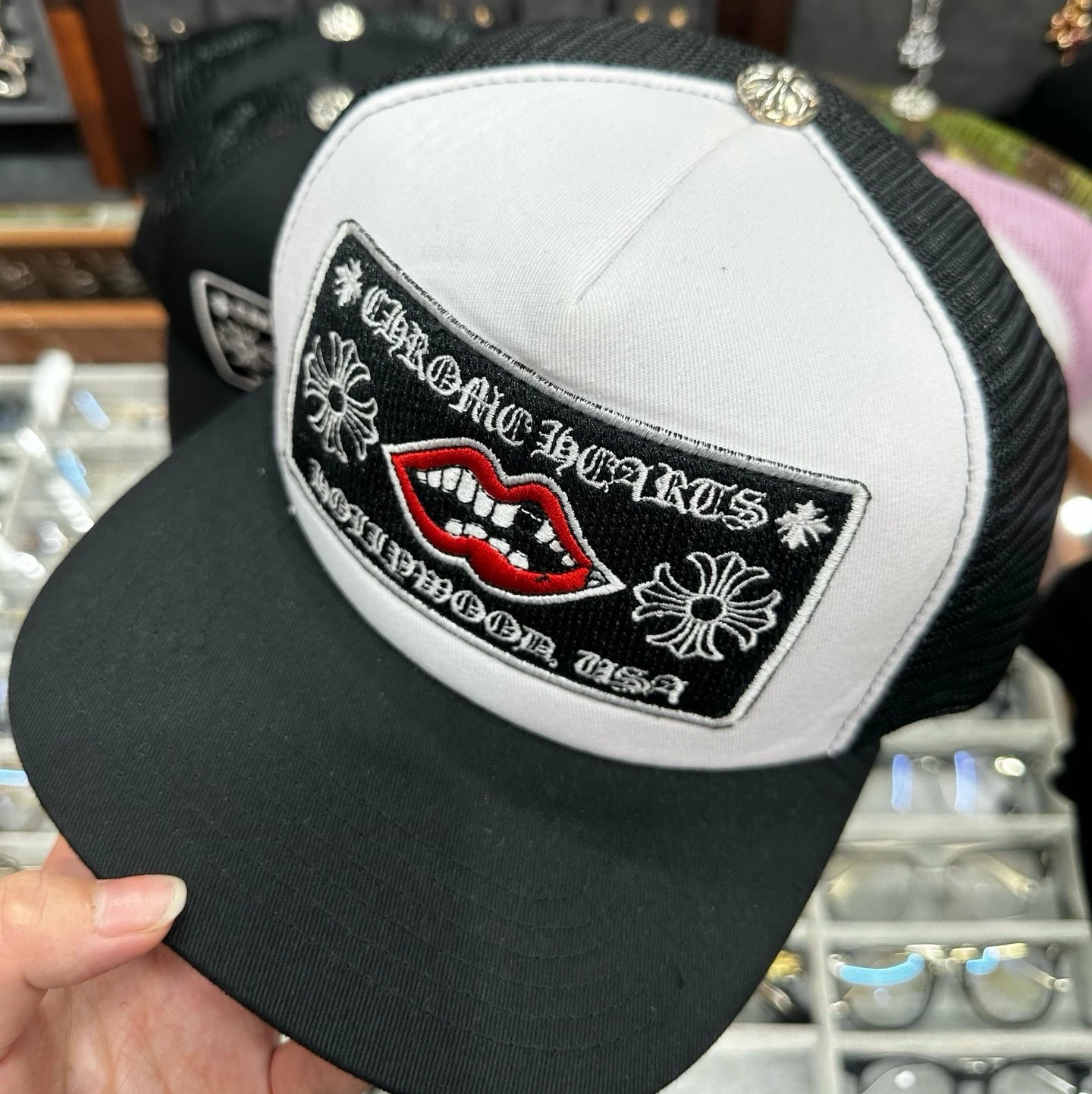 Black and white mouth embroidery