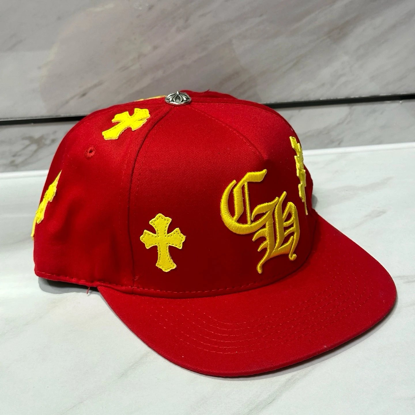 Yellow and red cross leather