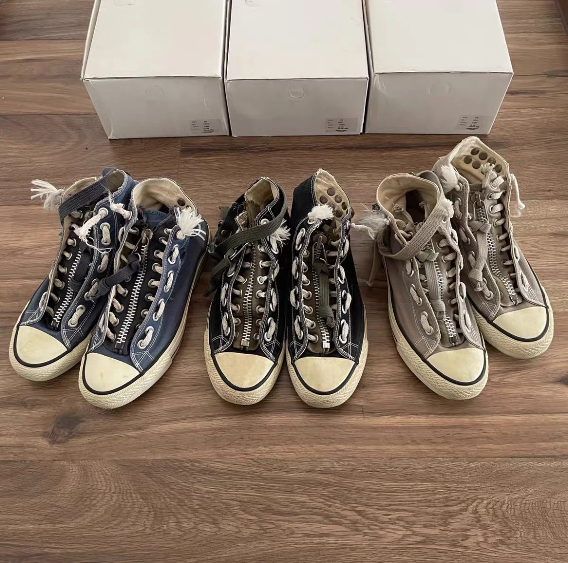 【 Three color spot 】 Undercover 06T period rivet canvas shoes handmade worn-out, white paint worn-out, rivet air eye washed, dyed canvas zipper