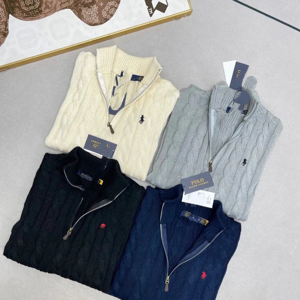 Spot Raffles Sweater Pony Comfortable Casual Solid Collar Micro label Embroidery Half Zip Long Sleeve Fried Dough Twists Knitted Sweater All Cotton Weaving to Create Heavy Fried Dough Twists Pattern