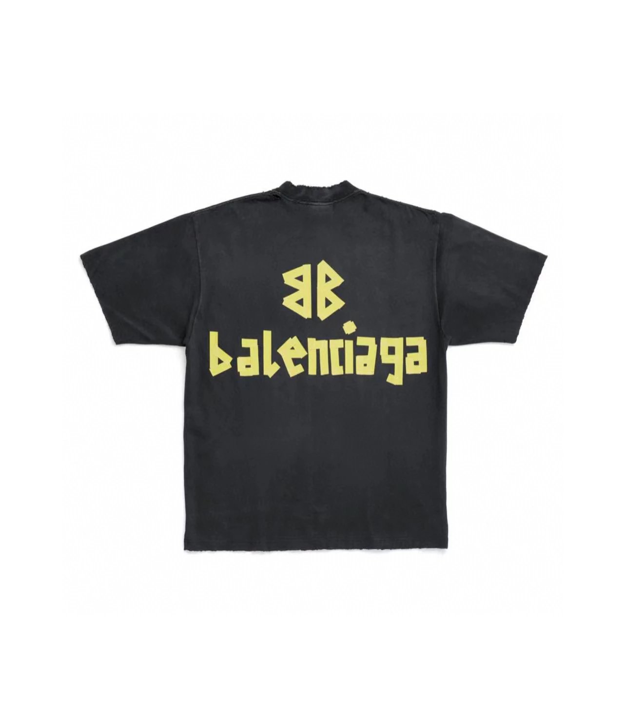 BALENCI*GA / Paris *23SS Newest Classic T-Shirt. Yellow Tape Distressed Print. Garment-Washed Worn-in and Raglan Short Sleeve.