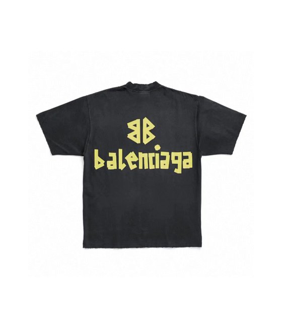 BALENCI*GA / Paris *23SS Newest Classic T-Shirt. Yellow Tape Distressed Print. Garment-Washed Worn-in and Raglan Short Sleeve.