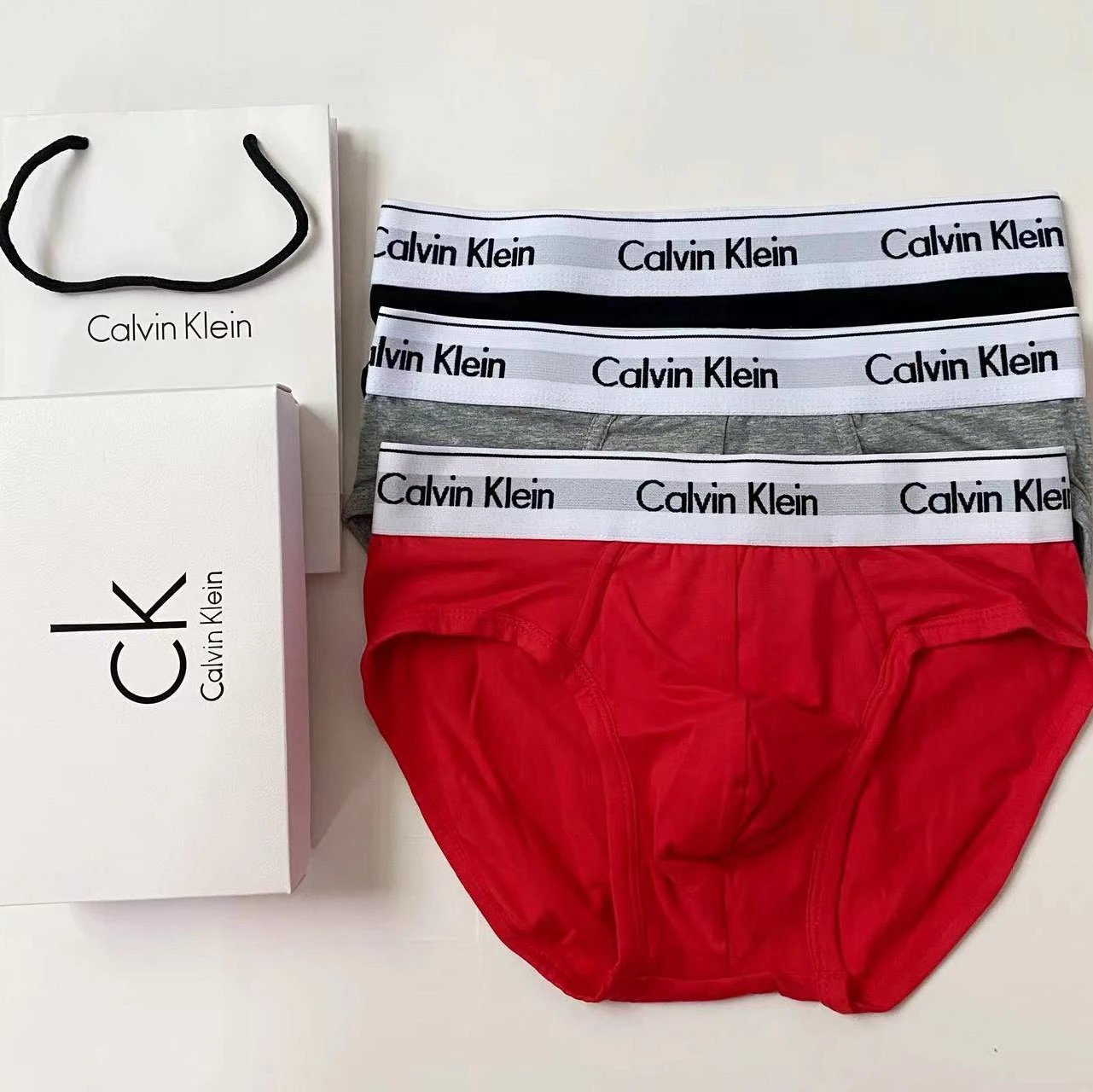 White-Trim Triangle Briefs, Red Gray Black 3-Pack